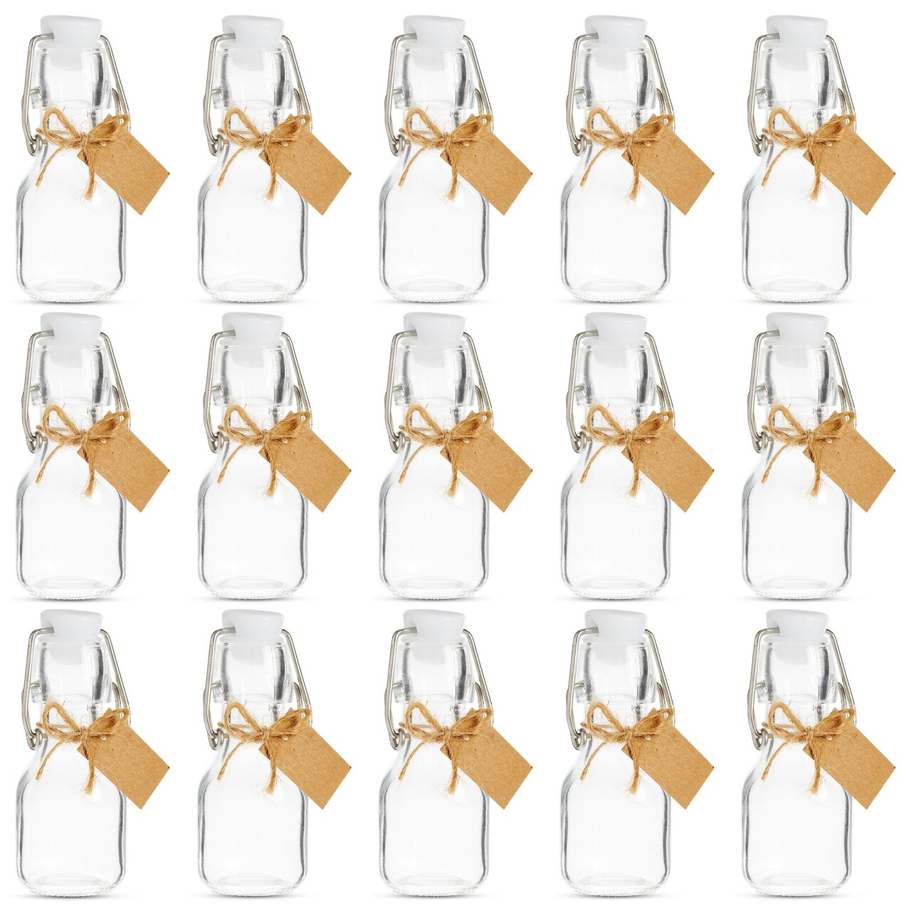 15 Pack Small Swing Top Glass Bottles with Lids, 2 oz/ 60 ml with Tags and Jute Twine for Wedding Party Favors